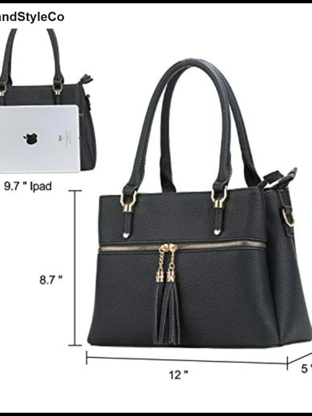 Medium Satchel Bag with 3 Compartments - Top Handle Faux Leather Purse